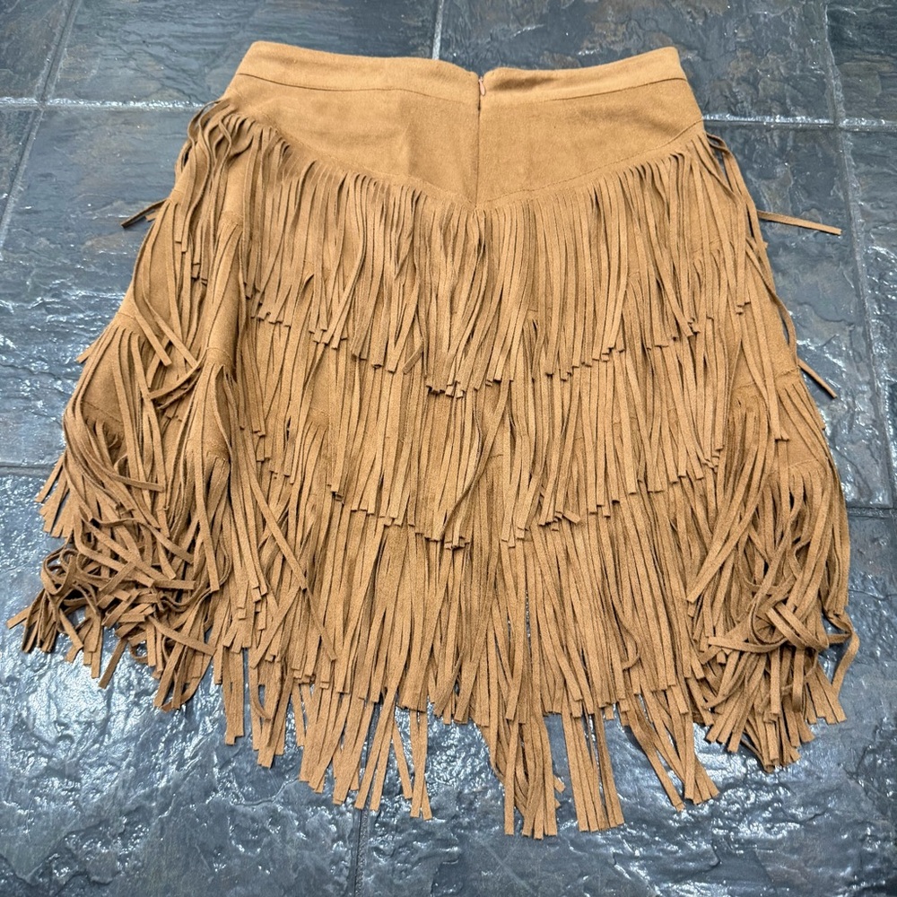 Fringed Suede Mini Skirt - Tan - Picture 2 of 6